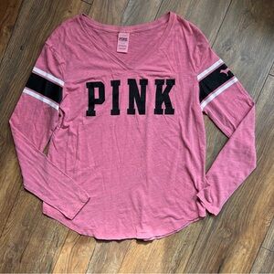 PINK Victoria's Secret Large Soft Pink V-Neck Long Sleeve Tee Black Lettering